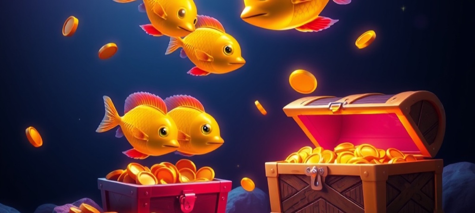 N555 Fishing page with golden fish circling a treasure chest underwater