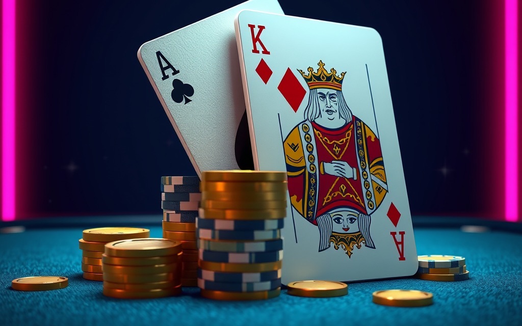 Ace and king blackjack hand resting on chip stacks at N555