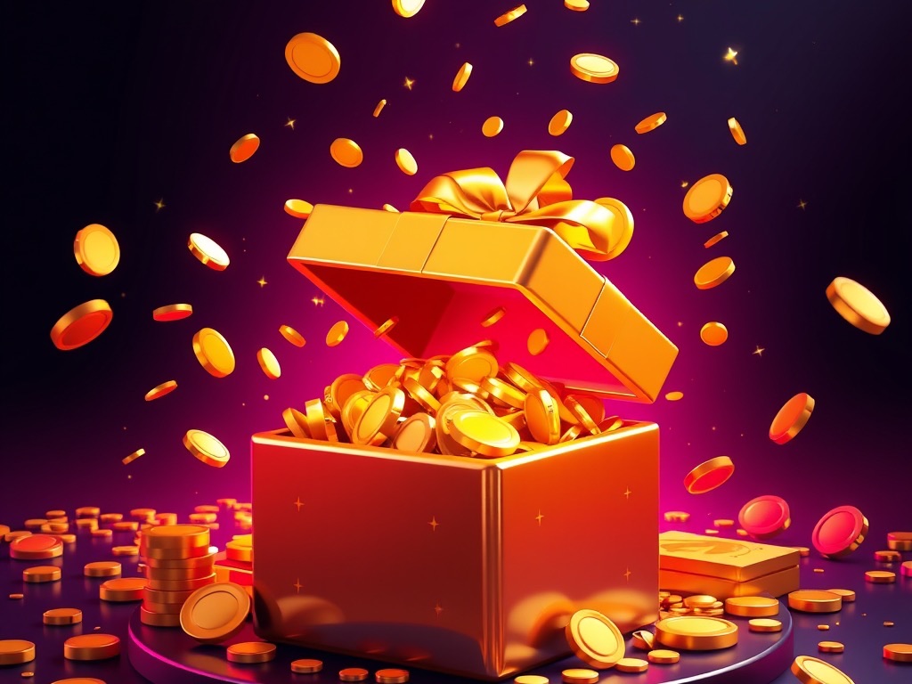 Golden gift box bursting with coins for the N555 welcome bonus
