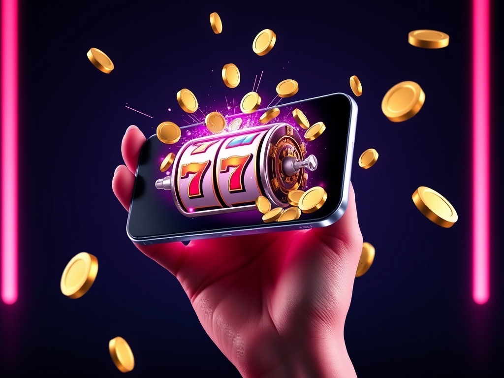 Hand holding a phone with slot reels and coins from the N555 mobile casino